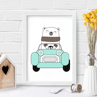 4090g6 quadro decorativo infantil ursinho dirigindo carrinho azul realista