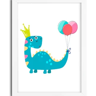 4093g3 quadro decorativo infantil dinossauro com balões de festa moldura branca