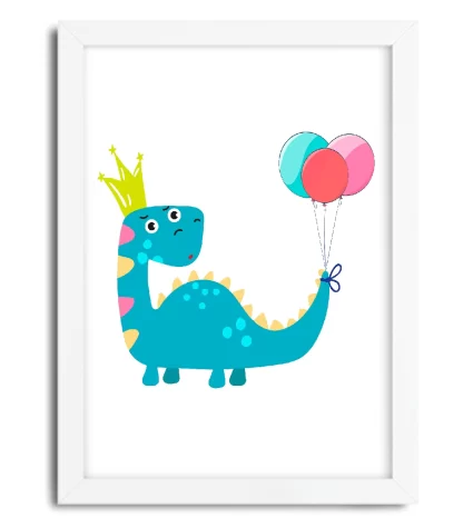 4093g3 quadro decorativo infantil dinossauro com balões de festa moldura branca
