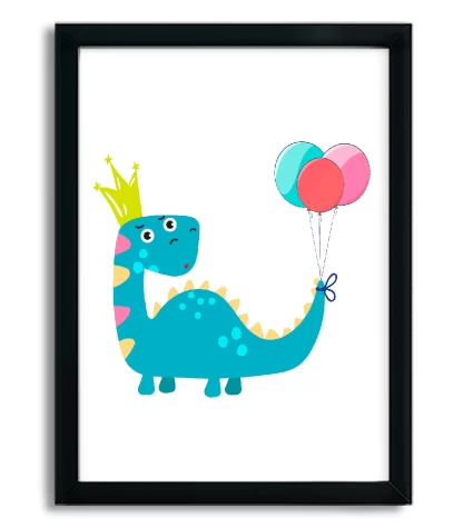 4093g3 quadro decorativo infantil dinossauro com balões de festa moldura preta