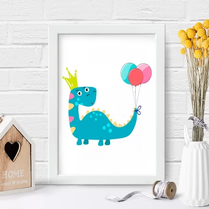 4093g3 quadro decorativo infantil dinossauro com balões de festa realista