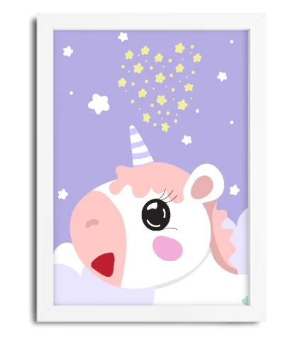 4095g1 quadro decorativo infantil unicórnio com céu estrelado moldura branca