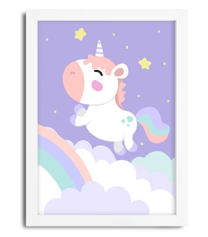 4095g6 quadro decorativo infantil unicórnio com arco íris e estrelas moldura branca