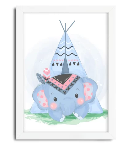 4100g2 quadro decorativo infantil elefantinho azul em tenda de índio boho moldura branca