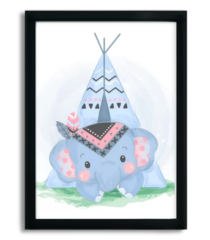 4100g2 quadro decorativo infantil elefantinho azul em tenda de índio boho moldura preta