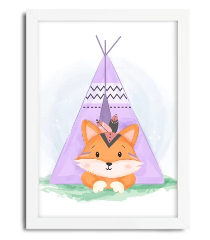 4100g3 quadro decorativo infantil raposinha em tenda de índio boho moldura branca