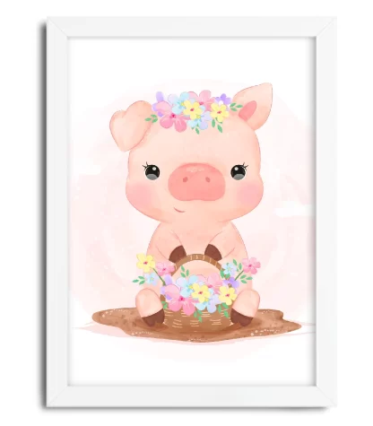 4101g quadro decorativo infantil porquinha com flores moldura branca