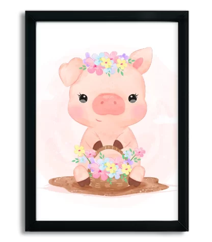 4101g quadro decorativo infantil porquinha com flores moldura preta