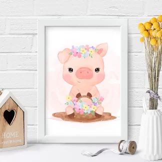 4101g quadro decorativo infantil porquinha com flores realista