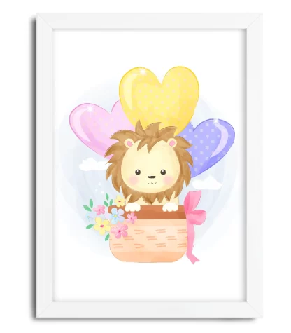 4103g quadro decorativo infantil leãozinho em balão moldura branca