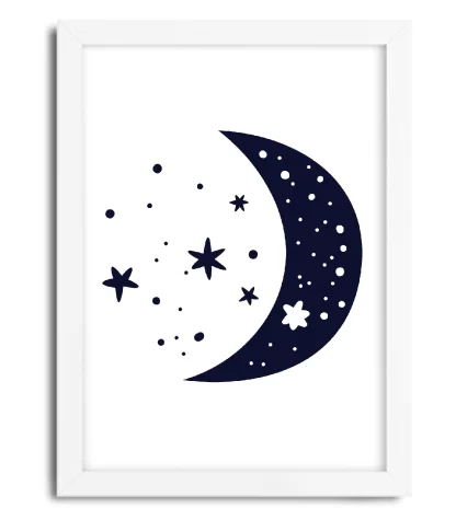 4110g3 quadro decorativo infantil lua com estrelas moldura branca