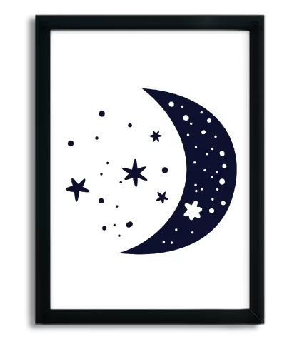 4110g3 quadro decorativo infantil lua com estrelas moldura preta
