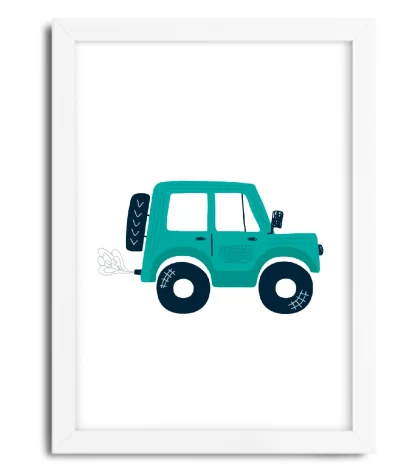 4112g2 quadro decorativo infantil carrinho jeep azul moldura branca