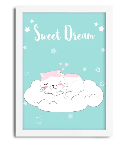 4113g3 quadro decorativo infantil gatinho dormindo em nuvem sweet dream moldura branca