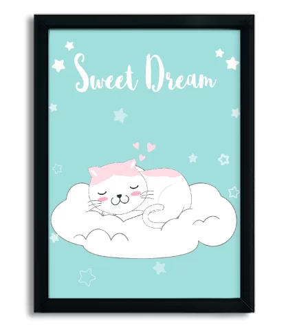 4113g3 quadro decorativo infantil gatinho dormindo em nuvem sweet dream moldura preta