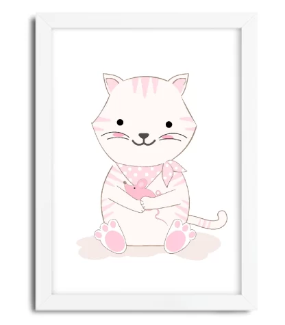 4113g7 quadro decorativo infantil gatinho e ratinho rosa moldura branca