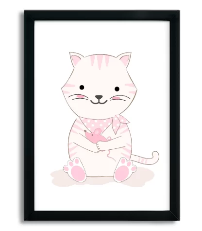 4113g7 quadro decorativo infantil gatinho e ratinho rosa moldura preta
