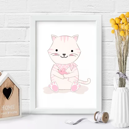 4113g7 quadro decorativo infantil gatinho e ratinho rosa realista