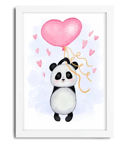 4115g quadro decorativo infantil ursinho panda com balão e corações moldura branca