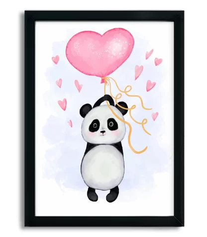 4115g quadro decorativo infantil ursinho panda com balão e corações moldura preta