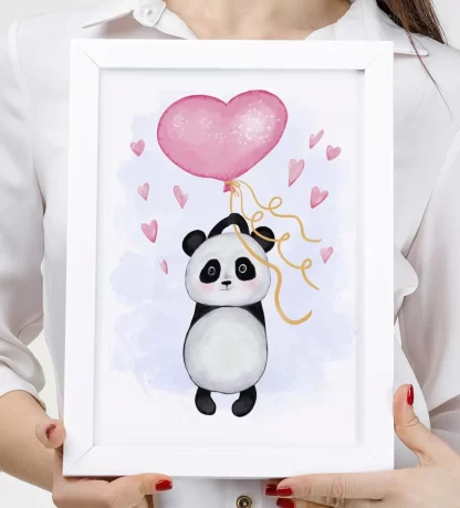 4115g quadro decorativo infantil ursinho panda com balão e corações realista 1
