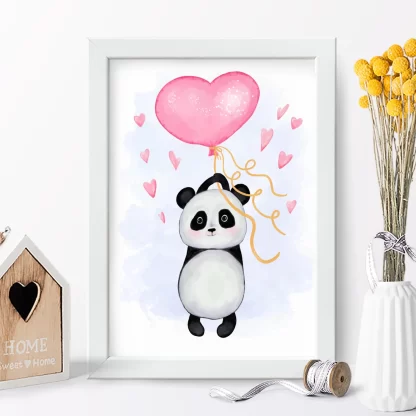 4115g quadro decorativo infantil ursinho panda com balão e corações realista 2