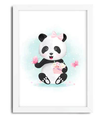 4120g quadro decorativo infantil ursinha panda com borboletas e flores moldura branca