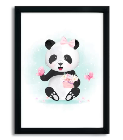4120g quadro decorativo infantil ursinha panda com borboletas e flores moldura preta