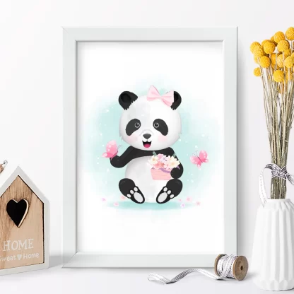 4120g quadro decorativo infantil ursinha panda com borboletas e flores realista 1
