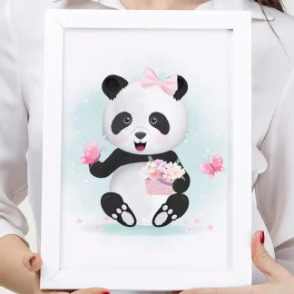 4120g quadro decorativo infantil ursinha panda com borboletas e flores realista 2