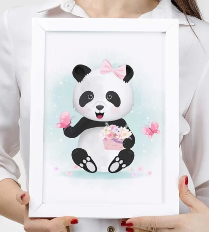 4120g quadro decorativo infantil ursinha panda com borboletas e flores realista 2