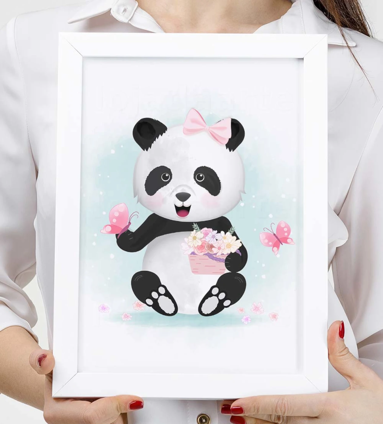 Panda Desenho Animais Roxo Quadro Moldura Branca 60x40cm