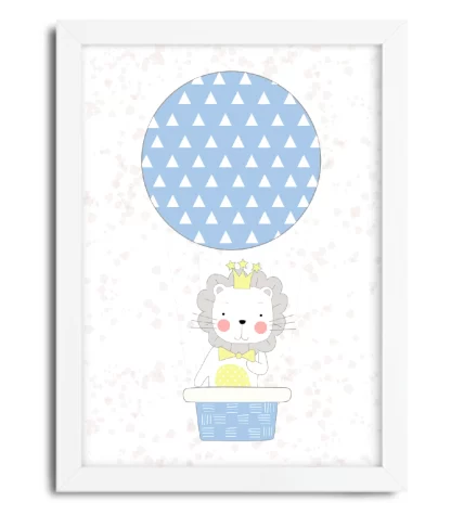4121g quadro decorativo infantil leãozinho em balão azul moldura branca