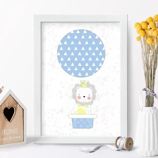 4121g quadro decorativo infantil leãozinho em balão azul realista