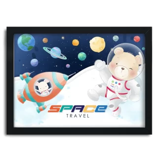 4125g quadro decorativo infantil ursinho astronauta space travel moldura preta