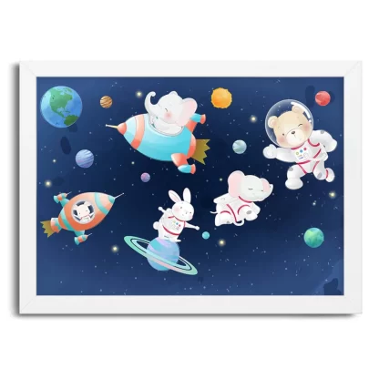 4126g quadro decorativo infantil ursinho elefantinho e coelhinho astronautas moldura branca