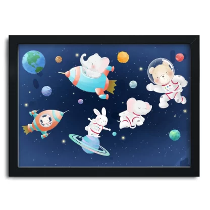 4126g quadro decorativo infantil ursinho elefantinho e coelhinho astronautas moldura preta