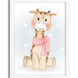 4134g quadro decorativo infantil girafinha com estrelas moldura branca