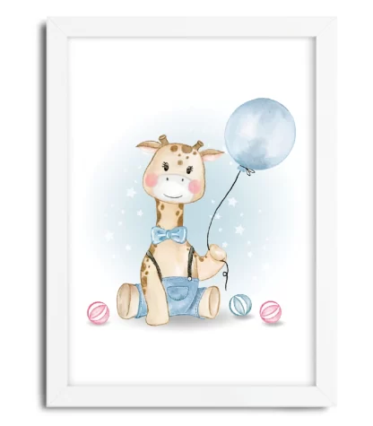 4135g quadro decorativo infantil girafinha com balão e estrelas moldura branca
