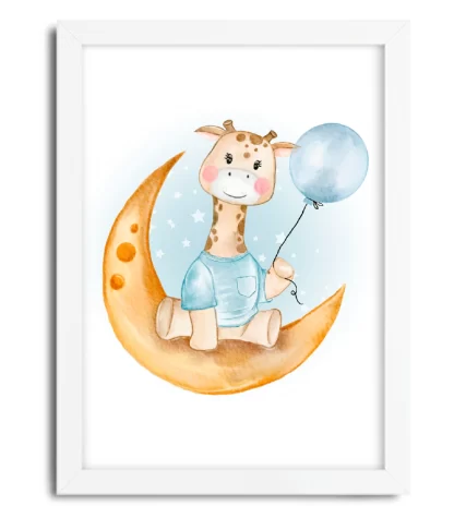 4136g quadro decorativo infantil girafinha na lua com balão moldura branca