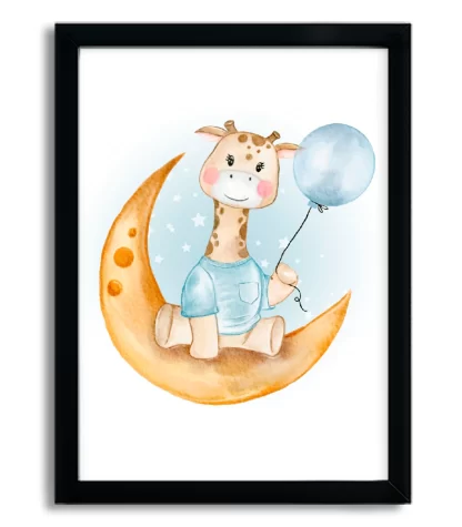 4136g quadro decorativo infantil girafinha na lua com balão moldura preta