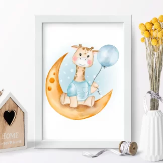 4136g quadro decorativo infantil girafinha na lua com balão realista
