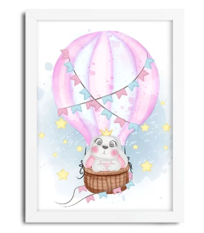 4141g quadro decorativo infantil coelhinha princesa em balão com estrelas moldura branca