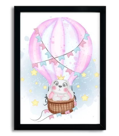 4141g quadro decorativo infantil coelhinha princesa em balão com estrelas moldura preta