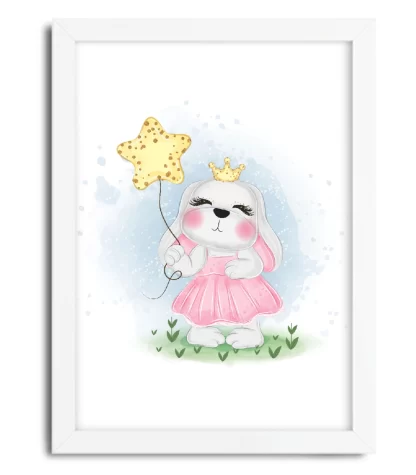 4143g quadro decorativo infantil coelhinha princesa com estrelinha moldura branca