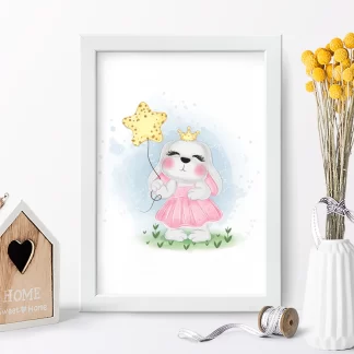 quadro decorativo infantil coelhinha princesa com estrelinha
