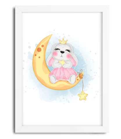 4144g quadro decorativo infantil coelhinha princesa na lua moldura branca