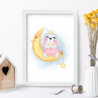 4144g quadro decorativo infantil coelhinha princesa na lua realista