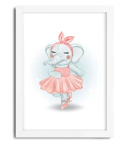 4145g quadro decorativo infantil elefantinha bailarina azul e rosa moldura branca