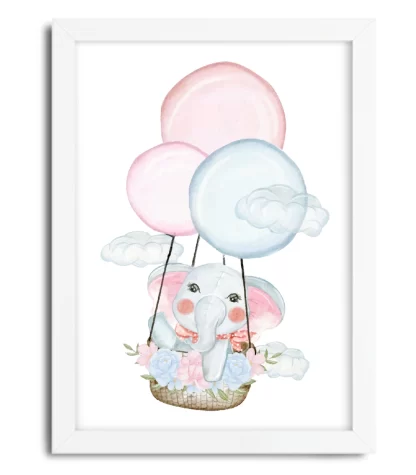 4149g quadro decorativo infantil elefantinho com balões moldura branca